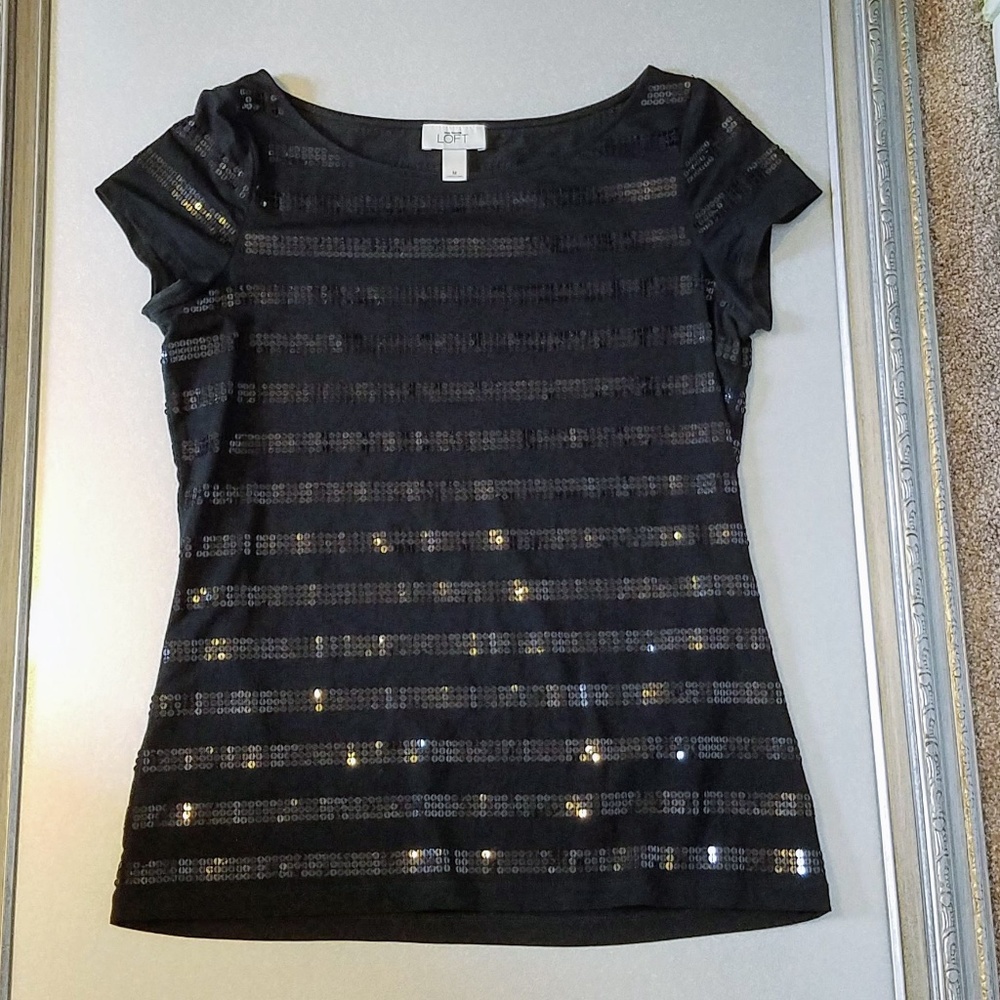 Ann Taylor LOFT Black Sequin Stripe T-shirt sz M